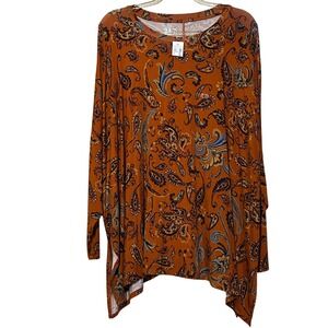 Maurices 24/7 Womens 2X Rust Orange Paisley Sharkbite Hem Long Sleeve Tunic Top